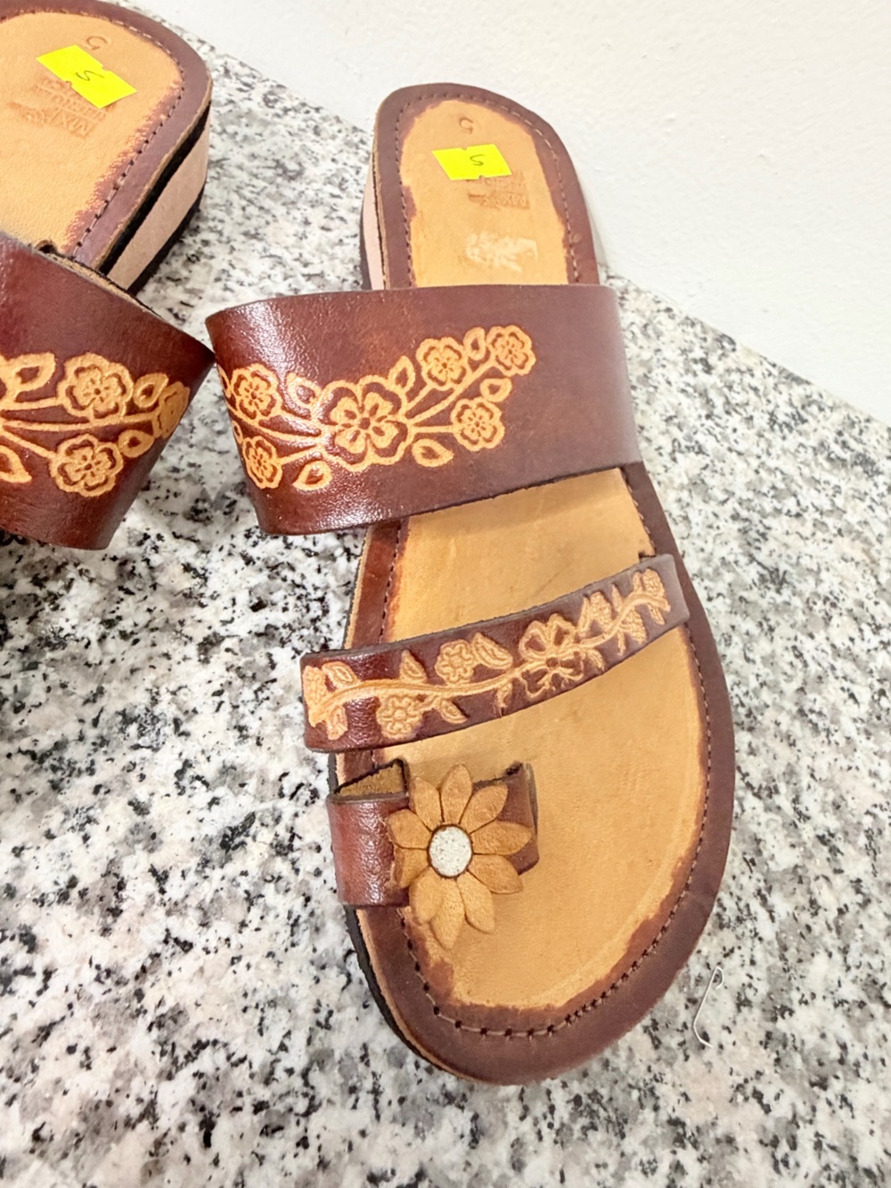 Women’s Brown Floral Leather Slide Sandals mexico sz 5 US sz 8 - Picture 6 of 9